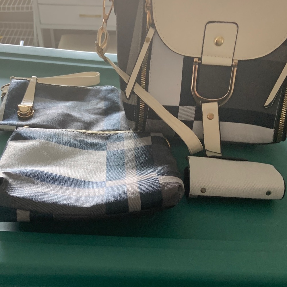 Plaid Black and White Crossbody Bag with Matching Pouches